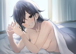 Rule 34 | 1girl, absurdres, asmr, bare shoulders, bed sheet, black hair, blush, breasts, brown eyes, collarbone, curtains, grin, hair between eyes, highres, indoors, kokusan moyashi, large breasts, light particles, long hair, looking at viewer, lying, naked sheet, non-web source, nude, on bed, on stomach, original, own hands together, pillow, smile, solo, swept bangs, teeth, under covers, window