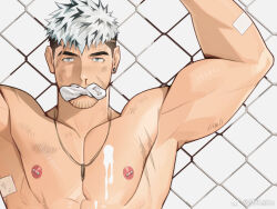 1boy against_fence arms_up bandaid bandaid_on_arm bara barbell_piercing beard_stubble blood blue_eyes cum cum_on_body cum_on_male cum_on_pectorals facial_hair fence katto8452 looking_at_viewer male_focus multicolored_hair muscular muscular_male nipples nosebleed nude original paid_reward_available pectorals piercing sanpaku short_hair sideburns_stubble sock_in_mouth solo stubble thick_eyebrows two-tone_hair upper_body white_hair