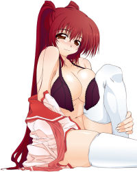 Rule 34 | 00s, 1girl, bare shoulders, blush, bottomless, bra, breast press, breasts, brown eyes, clothes down, face, front-tie top, kousaka tamaki, large breasts, lingerie, long hair, looking at viewer, red hair, school uniform, seductive smile, serafuku, shirt, simple background, sitting, skindentation, smile, solo, thighhighs, to heart (series), to heart 2, underwear, undressing, unfastened, white thighhighs, yamaguchi homupe
