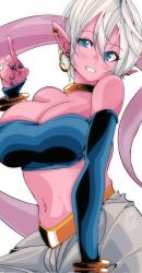 Rule 34 | 1girl, alternate hair length, alternate hairstyle, android, android 21, arc system works, bandeau, bare shoulders, blue eyes, blue nail polish, blue nails, blush, bracelet, breasts, cleavage, collarbone, colored skin, dragon ball, dragon ball fighterz, ear piercing, earrings, elbow gloves, female focus, gloves, gold bracelet, hair between eyes, harem pants, highres, hoop earrings, jewelry, kinakomochi (user vedc2333), large breasts, light blush, looking at viewer, majin android 21, midriff, navel, pants, piercing, pink skin, pink tail, pointing, pointing up, pointy ears, short hair, signature, smile, solo, tail, teeth, white hair, white pants