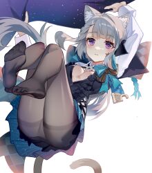 Rule 34 | 1girl, animal ear fluff, animal ears, black pantyhose, black tail, blush, bow, breasts, cat ears, cat tail, closed mouth, feet, genshin impact, grey hair, highres, hip vent, holding, knees up, legs, leotard, long sleeves, looking at viewer, lynette (genshin impact), medium breasts, no shoes, pantyhose, purple eyes, samele otaku, skirt, soles, solo, star (symbol), tail, thighs, toes