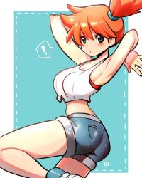 Rule 34 | !, 1girl, armpits, arms up, ass, blue eyes, blush, bra, breasts, creatures (company), crop top, denim, denim shorts, female focus, flat ass, game freak, gym leader, highres, image sample, kenron toqueen, large breasts, legs, looking at viewer, midriff, misty (pokemon), navel, nintendo, one side up, orange hair, pokemon, pokemon lgpe, puckered lips, red bra, shorts, solo, tumblr sample, underwear