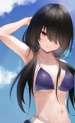 Rule 34 | 1girl, absurdres, arm behind head, arm up, armpits, bikini, black hair, blue bikini, blue sky, blush, breasts, cleavage, closed mouth, collarbone, commentary request, cowboy shot, date a live, day, hair over one eye, heterochromia, highres, long hair, looking at viewer, low twintails, medium breasts, navel, outdoors, red eyes, sky, smile, solo, stomach, swimsuit, tokisaki kurumi, twintails, uechin ewokaku, underboob, wet, yellow eyes