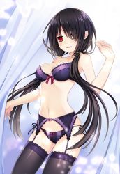 Rule 34 | 1girl, artist request, black hair, bow, bow bra, bow panties, bra, breasts, clock eyes, date a live, garter belt, hair over one eye, heterochromia, highres, lingerie, long hair, low twintails, medium breasts, open mouth, panties, purple bra, purple panties, red eyes, smile, solo, source request, standing, stomach, symbol-shaped pupils, thighhighs, tokisaki kurumi, twintails, underwear, underwear only, very long hair, yellow eyes