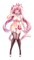 Rule 34 | 1girl, absurdres, animal ears, bare shoulders, belt, bikini, black thighhighs, blue eyes, blush, bow, breasts, cat ears, cat tail, cleavage, hair bow, hair ribbon, highres, knees together feet apart, large breasts, leg belt, long hair, looking at viewer, navel, original, parted lips, pendant choker, pink hair, pink theme, red ribbon, ribbon, shoes, solo, standing, swimsuit, tail, thighhighs, twintails, white belt, white bikini, white bow, white footwear, zerocat