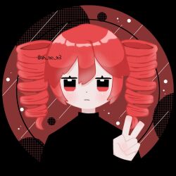 Rule 34 | 1girl, black shirt, border, closed mouth, drill hair, hair between eyes, hand up, highres, jitome, kasane teto, limited palette, long sleeves, looking at viewer, medium hair, neko (am me m3), red eyes, red hair, red theme, round border, shirt, solo, straight-on, twin drills, twitter username, upper body, utau, v