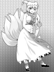 Rule 34 | 1girl, breasts, commentary request, dress, fox tail, full body, greyscale, hat, highres, kakone, large breasts, long sleeves, looking at viewer, mob cap, monochrome, multiple tails, open mouth, short hair, short sleeves, solo, tabard, tail, touhou, wide sleeves, yakumo ran