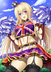 Rule 34 | 1girl, :d, alternate costume, bare shoulders, belt, belt buckle, black thighhighs, blonde hair, blue eyes, blue sky, blush, breasts, brown gloves, buckle, cheerleader, commentary request, crop top, crop top overhang, crown, day, elbow gloves, flag print, frills, from below, garter straps, gloves, hair between eyes, highres, holding, kantai collection, large breasts, light rays, midriff, mini crown, navel, open mouth, outdoors, panties, pantyshot, pink panties, pom pom (cheerleading), purple skirt, shibata rai, skirt, sky, sleeveless, smile, solo, standing, stomach, sunbeam, sunlight, suspender skirt, suspenders, sweat, thighhighs, thighs, torn clothes, torn gloves, underwear, union jack, waist cape, warspite (kancolle)
