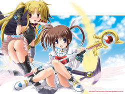 00s 2girls bardiche_(haken_form)_(nanoha) bardiche_(nanoha) fate_testarossa fate_testarossa_(lightning_form) highres lyrical_nanoha mahou_shoujo_lyrical_nanoha mahou_shoujo_lyrical_nanoha_a&#039;s multiple_girls noritama_(gozen) raising_heart raising_heart_(accel_mode) takamachi_nanoha takamachi_nanoha_(sacred_mode) thighhighs