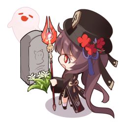 Rule 34 | ahoge, black coat, black footwear, black hat, black shorts, blue ribbon, brown hair, chibi, coat, coattails, commentary request, eyebrows, flower, flower-shaped pupils, flower hat, full body, genshin impact, ghost, hat, holding, holding polearm, holding spear, holding weapon, hu tao (genshin impact), long hair, long sleeves, nahaki, open mouth, polearm, red eyes, red flower, ribbon, shoes, short shorts, shorts, sidelocks, simple background, socks, solo, spear, standing, symbol-shaped pupils, tombstone, very long hair, weapon, white background, white flower, white socks, wide sleeves