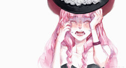 Rule 34 | 1girl, artist request, black dress, blush, breasts, cleavage, dress, ears, hat, highres, long hair, medium breasts, one piece, open mouth, perona, pink hair, sad, simple background, solo, teardrop, tears, upper body, very long hair, white background