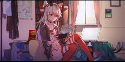 Rule 34 | 2girls, amatsukaze (kancolle), artist name, ascot, bag of chips, black choker, black dress, black panties, book, brown eyes, choker, closed mouth, cola, collarbone, collared dress, computer, curtains, day, dress, grey ascot, hair ornament, hair tubes, half updo, hat, hiding, highres, holding, indoors, kantai collection, knees up, laptop, letterboxed, long hair, looking at viewer, map, mini hat, multiple girls, navel, nintendo switch, open clothes, panties, photo (object), picture frame, pillow, red legwear, shimakaze (kancolle), shirt, side-tie panties, sidelocks, sitting, skirt, stomach, striped clothes, striped legwear, striped thighhighs, swd3e2, thighhighs, two side up, underwear, unworn skirt, v-shaped eyebrows, white hair, white shirt, window