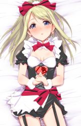 Rule 34 | 10s, 1girl, alternate costume, ayase alisa, black thighhighs, blonde hair, blue eyes, blush, bow, breasts, clearite, cleavage, earrings, enmaided, garter straps, hair bow, highres, jewelry, long hair, looking at viewer, love live!, love live! school idol project, lying, maid, on back, own hands together, small breasts, solo, thighhighs, wristband