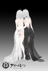Rule 34 | 2girls, absurdres, ahoge, armlet, ass, azur lane, back, backless dress, backless outfit, black background, black dress, black footwear, black pantyhose, bracelet, butt crack, clothes lift, dress, dress lift, dual persona, emden (azur lane), emden (moonsilver union) (azur lane), from behind, full body, gradient background, grey background, grey hair, gujianshaonu, high heels, highres, jewelry, lifting another&#039;s clothes, long hair, multiple girls, panties, pantyhose, pelvic curtain, see-through, short sleeves, standing, thighhighs, underwear, very long hair, white dress, white footwear, white panties, white thighhighs