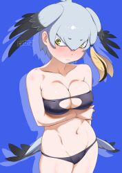Rule 34 | 1girl, absurdres, bird girl, bird tail, bird wings, black hair, blonde hair, blue background, blush, breasts, cleavage, closed mouth, covered erect nipples, cowboy shot, green eyes, grey hair, hair between eyes, head wings, highres, kemono friends, long bangs, long hair, looking at viewer, masuyama ryou, medium breasts, multicolored hair, navel, shoebill (kemono friends), side ponytail, simple background, skindentation, solo, stomach, strapless, tail, underwear, underwear only, wings