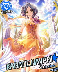 Rule 34 | 10s, 1girl, animal, artist request, bird, black hair, building, card (medium), character name, dress, earrings, feather hair ornament, feathers, gem (symbol), hair ornament, hayami kanade, idolmaster, idolmaster cinderella girls, jewelry, jpeg artifacts, official art, short hair, smile, solo, strapless, strapless dress, white feathers, yellow dress, yellow eyes