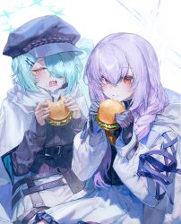 Rule 34 | 2girls, aqua hair, atsuko (blue archive), black gloves, black headwear, blue archive, blush, braid, burger, closed eyes, coat, commentary, crying, food, food on face, gloves, hair between eyes, hair ornament, hair over one eye, hairclip, halo, hat, highres, hiyori (blue archive), holding, holding food, hood, hood down, hooded coat, long hair, long sleeves, multiple girls, open mouth, purple hair, quasarcake, red eyes, runny nose, side ponytail, simple background, sleeves past wrists, snot, symbol-only commentary, tears, white background