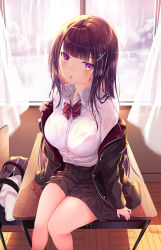 Rule 34 | 1girl, backlighting, bag, black hair, black jacket, black skirt, blazer, bow, bowtie, bra visible through clothes, breasts, button gap, buttons, classroom, collared shirt, curtains, day, desk, dress shirt, frown, hair ornament, haruka natsuki, highres, indoors, jacket, large breasts, long hair, long sleeves, looking at viewer, miniskirt, off shoulder, on desk, open clothes, open jacket, open mouth, original, pleated skirt, purple eyes, rain, school bag, school desk, school uniform, see-through, shirt, shirt tucked in, sitting, on desk, skirt, solo, thighs, towel, water, wet, wet clothes, wet shirt, white shirt, window, x hair ornament