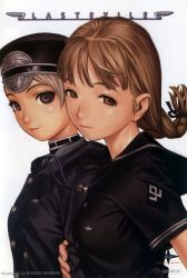 Rule 34 | 00s, 2girls, alister agrew, artist name, braid, brown eyes, brown hair, english text, female focus, from side, hat, highres, last exile, looking at viewer, military, military uniform, multiple girls, murata range, official art, scan, short hair, short sleeves, simple background, smile, tatiana wisla, uniform, upper body, white background, white hair, yuri