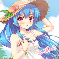 Rule 34 | 1girl, alternate costume, bad id, bad pixiv id, blue hair, blush, bracelet, cloud, day, female focus, food, fruit, hand on headwear, hat, hinanawi tenshi, jewelry, long hair, lowres, momoko (momopoco), peach, red eyes, revision, smile, solo, touhou