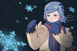 Rule 34 | 1boy, blue hair, blue mittens, blue scarf, blurry, breath, commentary, creatures (company), eyelashes, game freak, glowing, grey eyes, grusha (pokemon), hands up, highres, jacket, looking to the side, male focus, mittens, mocacoffee 1001, night, nintendo, outdoors, pokemon, pokemon sv, scarf, signature, snowflakes, solo, striped clothes, striped scarf, symbol-only commentary, upper body, yellow jacket
