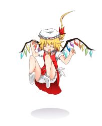Rule 34 | 1girl, bloomers, closed eyes, flandre scarlet, full body, happy, hat, hat ribbon, highres, medium hair, mob cap, multicolored wings, no shoes, one side up, open mouth, puffy short sleeves, puffy sleeves, red ribbon, red skirt, red vest, ribbon, shirt, short sleeves, simple background, skirt, socks, solo, touhou, underwear, vest, white background, white bloomers, white hat, white shirt, white socks, wings, yukko (hcryh955)