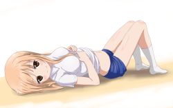 Rule 34 | 1girl, blue shorts, breasts, brown eyes, brown hair, clothes lift, doma umaru, feet, gym uniform, hands on own chest, himouto! umaru-chan, kneehighs, legs up, long hair, looking at viewer, lying, navel, no shoes, on back, shirt, shirt lift, short shorts, shorts, simple background, sincos, smile, socks, solo, white background, white shirt, white socks