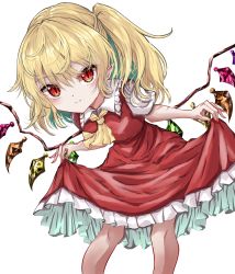 Rule 34 | 1girl, ascot, blonde hair, blush, breasts, closed mouth, crystal, curtsey, feet out of frame, flandre scarlet, frilled shirt collar, frills, hair between eyes, highres, kayon (touzoku), leaning forward, light smile, looking at viewer, medium breasts, medium hair, no headwear, one side up, puffy short sleeves, puffy sleeves, red eyes, red skirt, red vest, short sleeves, simple background, skirt, slit pupils, solo, standing, touhou, vest, white background, wings, yellow ascot