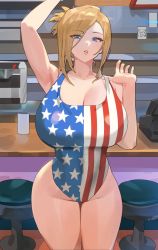 Rule 34 | 1girl, american flag, american flag print, american flag swimsuit, bar stool, blonde hair, blue eyes, breasts, cash register, cleavage, commission, diner, eyes visible through hair, flag print, highres, hood (james x), huge breasts, large breasts, looking at viewer, one-piece swimsuit, original, parted lips, solo, stool, swimsuit