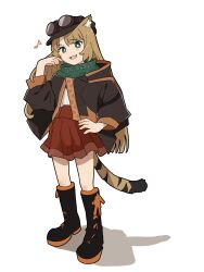 Rule 34 | 1girl, :d, animal ear fluff, animal ears, black footwear, black hat, black jacket, blush, boots, brown hair, cabbie hat, commentary request, copyright request, eighth note, fang, full body, goggles, goggles on headwear, green eyes, hand up, hat, highres, jacket, knee boots, long hair, long sleeves, looking at viewer, musical note, open mouth, parted bangs, pe3075, pleated skirt, puffy long sleeves, puffy sleeves, red skirt, shadow, shirt, simple background, skirt, smile, solo, standing, tail, very long hair, white background, white shirt