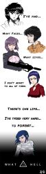 Rule 34 | 1girl, blue eyes, blue hair, broken torpedo, english text, ghost in the shell, ghost in the shell arise, ghost in the shell stand alone complex, gloves, highres, kusanagi motoko, multiple persona, purple hair, red eyes, simple background