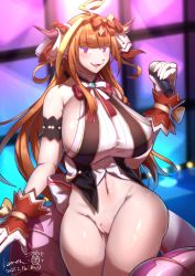 Rule 34 | 1girl, abstract background, ahoge, blush, bottomless, bow, bowtie, breasts, cleft of venus, curvy, detached sleeves, dragon girl, dragon horns, gloves, hair bow, highres, holding, hololive, horns, huge breasts, kiryu coco, kosafordraw, long hair, long tail, looking at viewer, microphone, multicolored hair, navel, orange hair, purple eyes, pussy, shirt, sideboob, smile, standing, streaked hair, tail, thighs, uncensored, virtual youtuber, waist bow, wide hips