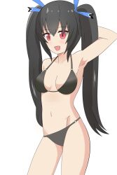 Rule 34 | 1girl, arm behind head, armpits, bikini, black bikini, black hair, blush, breasts, cleavage, hair ribbon, highres, large breasts, legs, long hair, looking at viewer, navel, neptune (series), noire (neptunia), open mouth, red eyes, ribbon, smile, swimsuit, thighs, twintails