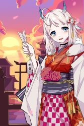 Rule 34 | 1girl, alternate costume, animal, animal on shoulder, arrow (projectile), blue eyes, breasts, caomei jiju xie vv, chinese commentary, cloud, flower, heterochromia, highres, holding, holding arrow, japanese clothes, kimono, medium breasts, nijisanji, obi, open mouth, red flower, red kimono, red rose, remi (virtuareal), rose, sash, silver hair, sky, slug, smile, solo, sunset, virtual youtuber, virtuareal