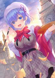 Rule 34 | 1girl, :d, absurdres, belt, belt buckle, beret, black belt, blue eyes, blue hair, blurry, blurry background, blush, bow, breasts, buckle, clock, clock tower, cloud, cloudy sky, collared shirt, commentary request, depth of field, dress, dress shirt, evening, ginkgo tree, grey dress, hair ornament, hair over one eye, hair ribbon, hairclip, hat, highres, holding, holding paintbrush, huge filesize, hyonee, long sleeves, looking at viewer, md5 mismatch, medium breasts, open mouth, outdoors, paintbrush, palette (object), pink ribbon, plaid, plaid dress, re:zero kara hajimeru isekai seikatsu, red bow, rem (re:zero), resolution mismatch, ribbon, roman numeral, shawl, shirt, sky, smile, solo, source smaller, tower, white hat, white shirt, x hair ornament