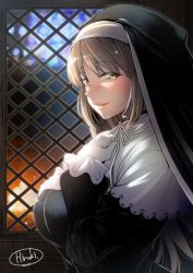 Rule 34 | 1girl, artist name, blonde hair, blush, breasts, frilled gloves, frills, gloves, habit, indoors, large breasts, lips, long hair, long sleeves, looking at viewer, nijisanji, nun, ohara hiroki, sister claire, sister claire (1st costume), smile, traditional nun, virtual youtuber, white gloves, yellow eyes