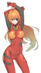 Rule 34 | 1girl, blue eyes, bodysuit, breasts, brown hair, closed mouth, commentary, dated commentary, evangelion: 3.0 you can (not) redo, eyepatch, highres, hop3, long hair, looking to the side, medium breasts, neon genesis evangelion, orange hair, plugsuit, rebuild of evangelion, red bodysuit, simple background, solo, souryuu asuka langley, white background, wide hips