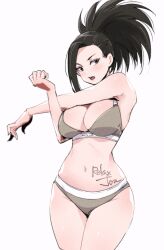 Rule 34 | 1girl, artist name, black hair, boku no hero academia, bra, breasts, cleavage, commentary, cowboy shot, english commentary, grey bra, grey eyes, grey panties, high ponytail, highres, large breasts, long hair, navel, open mouth, panties, ponytail, relaxjon, shiny skin, sideways glance, simple background, solo, standing, stretching, underwear, underwear only, white background, yaoyorozu momo