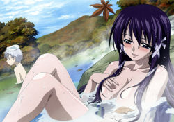 Rule 34 | 1boy, 1girl, absurdres, autumn, bags under eyes, blue eyes, blush, breasts, censored, cleavage, cloud, convenient censoring, day, detexted, glasses, highres, large breasts, leaf, long hair, mixed-sex bathing, non-web source, nude, onsen, outdoors, purple hair, satsukitane mikako, screencap, shared bathing, silver hair, sky, sora no otoshimono, sugata eishirou, third-party edit, tokiwa kentarou, very long hair, water, wet