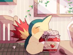 Rule 34 | animal focus, closed eyes, commentary request, creatures (company), cyndaquil, english text, fire, game freak, gen 2 pokemon, hanabusaoekaki, highres, indoors, jar, nintendo, no humans, on table, pokemon, pokemon (creature), strawberry jam, table, window, wooden chair