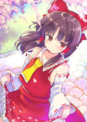 Rule 34 | 1girl, ascot, bare shoulders, blush, bow, branch, cherry blossoms, closed mouth, day, detached sleeves, dutch angle, frilled shirt collar, frilled skirt, frills, hair bow, hair tubes, hakurei reimu, long hair, long sleeves, looking at viewer, outdoors, parted bangs, path, petals, ponytail, purple hair, puuakachan, red eyes, red ribbon, red shirt, red skirt, ribbon, ribbon-trimmed sleeves, ribbon trim, road, shirt, sidelocks, skirt, skirt basket, skirt hold, smile, solo, stone floor, touhou, wide sleeves, yellow ascot