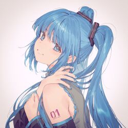 Rule 34 | 1girl, arm tattoo, blue eyes, blue hair, blue nails, detached sleeves, from side, hand on own shoulder, hatsune miku, holding own arm, long hair, looking at viewer, nagu, nail polish, parted lips, simple background, solo, tattoo, twintails, upper body, vocaloid