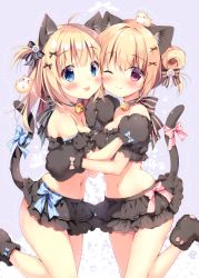 Rule 34 | 2girls, :p, ;), absurdres, animal, animal ears, animal hands, animal on head, bare shoulders, black bow, black gloves, black legwear, black skirt, black sleeves, blonde hair, blue bow, blue eyes, blush, bow, breasts, cat ears, cat girl, cat tail, ciel (canvas+garden), cleavage, closed mouth, collaboration, crop top, detached sleeves, dotted line, gloves, hair between eyes, hair bow, hair bun, hamster, hand up, highres, layered skirt, long hair, miniskirt, miyasaka miyu, multiple girls, navel, on head, one eye closed, original, pan (mimi), paw gloves, pink bow, pleated skirt, puffy short sleeves, puffy sleeves, purple background, red eyes, short sleeves, single hair bun, skirt, small breasts, smile, socks, standing, standing on one leg, striped, striped bow, tail, tail bow, tail ornament, tail raised, ten-chan (pan (mimi)), tongue, tongue out