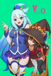 Rule 34 | &gt; &lt;, 10s, 2016, 2girls, :d, aqua (konosuba), aqua background, arm around waist, artist name, bandages, belt, black gloves, black hair, black hat, black legwear, blue eyes, blue hair, blush, boots, breasts, brooch, button eyes, buttons, cape, closed eyes, collar, collarbone, covered erect nipples, d:, dated, detached sleeves, downblouse, dress, eyebrows, fang, fingerless gloves, gloves, green eyes, hair between eyes, hair ornament, hair rings, hand on headwear, hat, jewelry, knees together feet apart, kono subarashii sekai ni shukufuku wo!, leaning forward, leg up, long hair, long sleeves, looking at viewer, megumin, miniskirt, multiple girls, no panties, open mouth, red dress, see-through, short dress, short hair, simple background, single thighhigh, skirt, small breasts, smile, staff, standing, standing on one leg, stitches, thigh gap, thighhighs, triangle mouth, v, very long hair, wide sleeves, witch hat, yoo (1009980455)