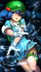 Rule 34 | 1girl, backpack, bag, blue eyes, blue hair, colored eyelashes, gloves, glowing, glowing eye, hair bobbles, hair ornament, hat, highres, kaatoso, kawashiro nitori, key, shirt, short hair, skirt, thigh strap, touhou, twintails, two side up, water, wrench, x arms