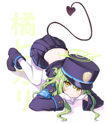 Rule 34 | 1girl, black hat, black jacket, black skirt, black tail, blue archive, character name, closed mouth, commentary request, crop top, cropped jacket, full body, gloves, green hair, green halo, halo, hat, hikari (blue archive), jacket, long hair, long sleeves, looking at viewer, median furrow, pantyhose, peaked cap, pleated skirt, pointy ears, simple background, skirt, solo, tail, top-down bottom-up, white background, white gloves, white pantyhose, yellow eyes, zaxwu