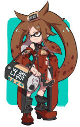 Rule 34 | 1girl, absurdres, ankle boots, bag, beer can, boots, brown eyes, brown hair, can, china dress, chinese clothes, cosplay, detached sleeves, dress, drink can, flat chest, full body, guilty gear, hair rings, hair tubes, highres, inkling player character, kuradoberi jam, kuradoberi jam (cosplay), long hair, makai, mask, nintendo, oversized object, solo, standing, tentacle hair, very long hair