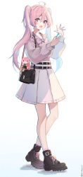 Rule 34 | 1girl, :d, ahoge, bag, belt, black bag, black footwear, boots, bow, bowtie, character doll, commentary, figure, full body, grey bow, grey bowtie, grey shirt, hands up, hatsune miku, highres, holding, holding phone, light blush, long hair, long sleeves, looking at viewer, medium skirt, megurine luka, nisokurui, open mouth, phone, pink eyes, pink hair, pleated skirt, sakura miku, shirt, shoulder bag, simple background, skirt, smile, solo, standing, twintails, twitter username, vocaloid, waving, white background, white skirt