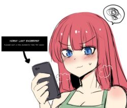 Rule 34 | 1girl, blue eyes, blush, cellphone, english text, heavy breathing, highres, hinghoi, original, phone, red hair, solo, spoken squiggle, squiggle, sweat, white background