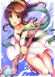 Rule 34 | 1girl, breasts, brown eyes, brown hair, dress, highres, holding, holding staff, idolmaster, idolmaster cinderella girls, long hair, looking at viewer, ment, open mouth, outstretched arm, ponytail, shawl, small breasts, smile, solo, staff, takamori aiko, white dress